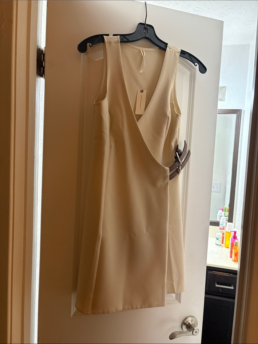 Anthropologie Cream One-Shoulder Wrap Dress with Buckle